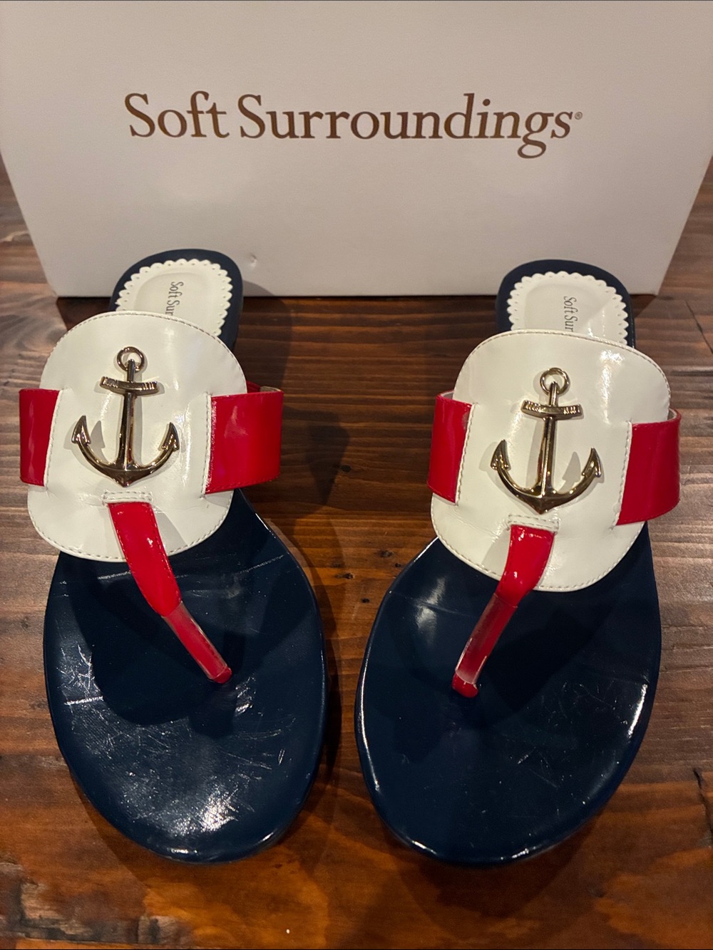 Soft Surroundings Navy, White & Red Anchor Thong Sandals
